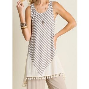 Umgee Fringe Tank Tan and White Mixed Media Small